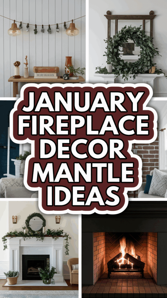 Collage featuring various fireplace mantle decor ideas for January, including greenery, wreaths, and cozy elements, with bold text overlay reading "January Fireplace Decor Mantle Ideas."