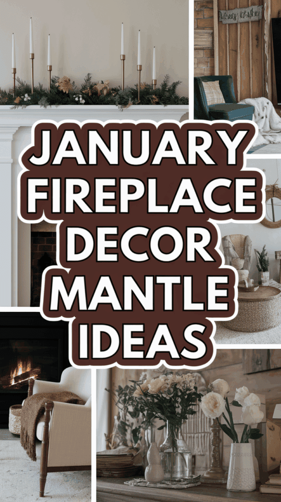 Collage of fireplace mantle decoration ideas for January featuring candles, greenery, and vases with flowers.