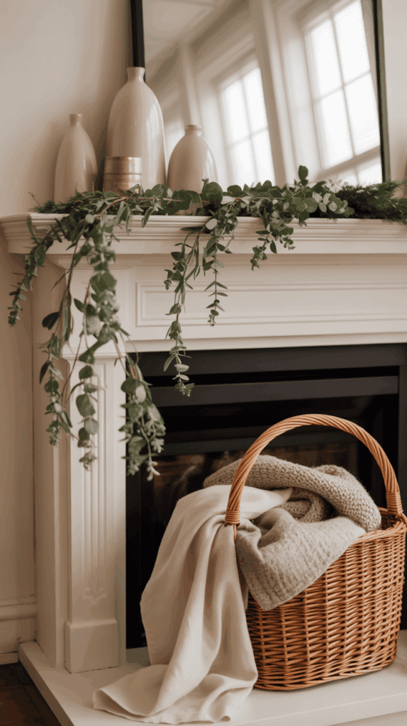 A fireplace mantel decorated with eucalyptus greenery and neutral-colored vases, above a white fireplace. A wicker basket with cozy blankets is placed in front of the fireplace.