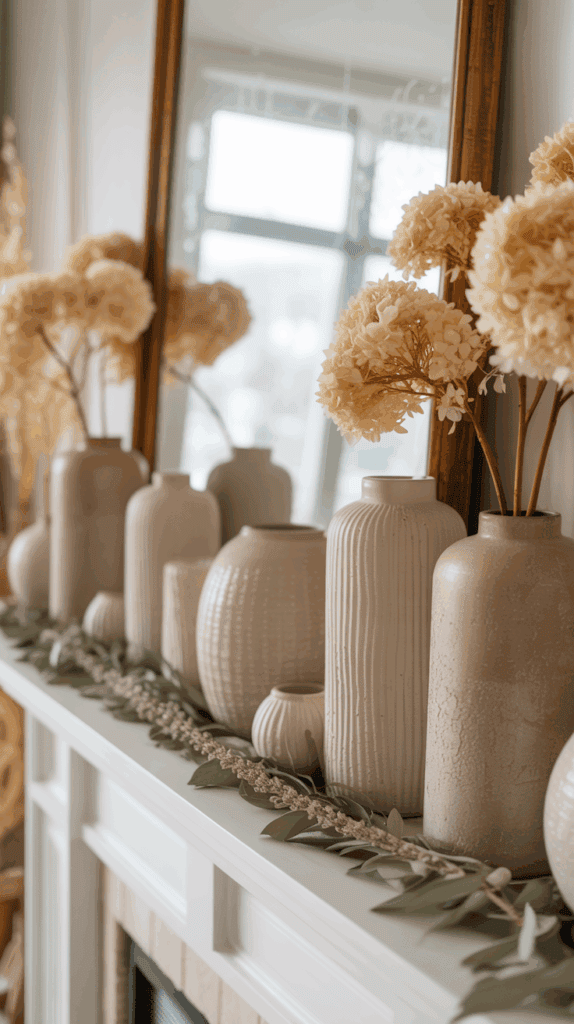 A collection of beige ceramic vases with dried hydrangea flowers on top of a white mantelpiece, reflected in a mirror. A garland of greenery decorates the base of the vases.