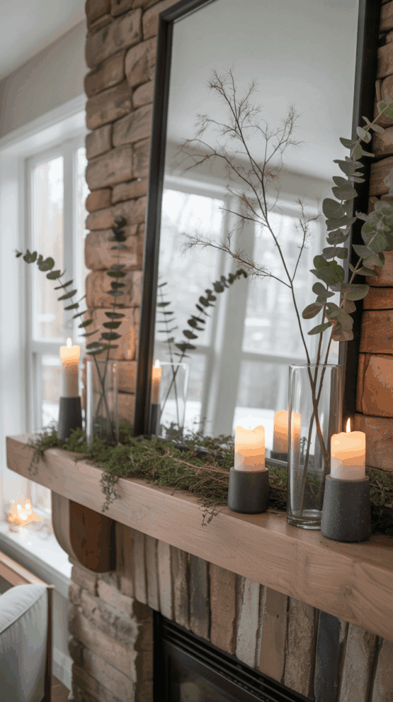 A cozy fireplace mantel decorated with lit candles, greenery, and tall glass vases holding twigs and eucalyptus leaves, beneath a large framed mirror.