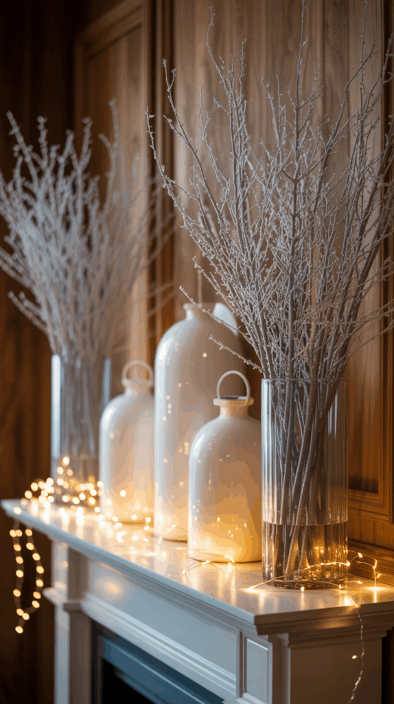 A decorative mantelpiece featuring tall white vases and clear glass containers filled with frosted branches, adorned with warm white fairy lights, set against a wooden paneled wall.