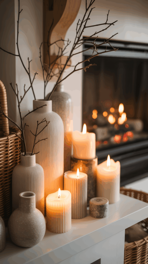 A cozy arrangement of lit candles and decorative vases with bare branches on a mantle near a glowing fireplace, creating a warm and inviting ambiance.