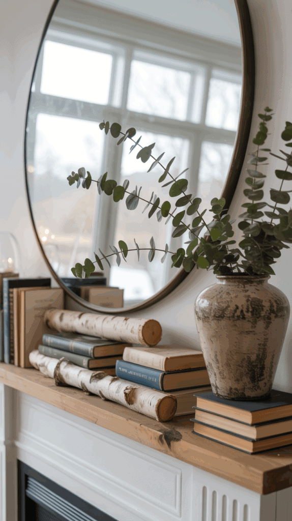 A rustic wooden mantelpiece adorned with a large, round mirror hanging above it. The mantel is decorated with stacked books, birch logs, and a ceramic vase filled with eucalyptus branches. Soft lighting and a large window are reflected in the mirror, creating a cozy, inviting atmosphere.