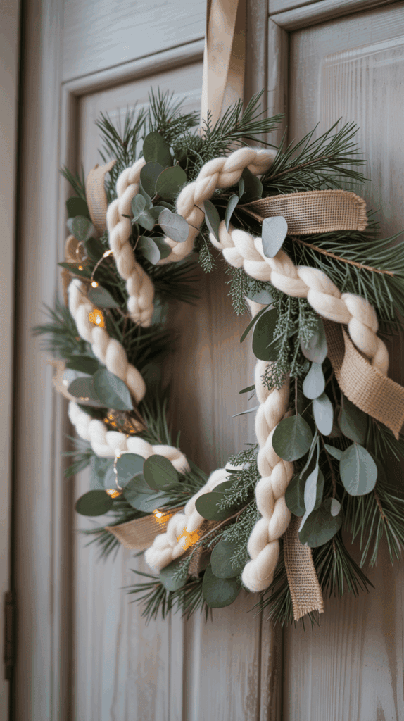 A decorative wreath made of braided white wool, eucalyptus leaves, pine branches, and burlap ribbon adorned with tiny string lights, hanging on a wooden door.