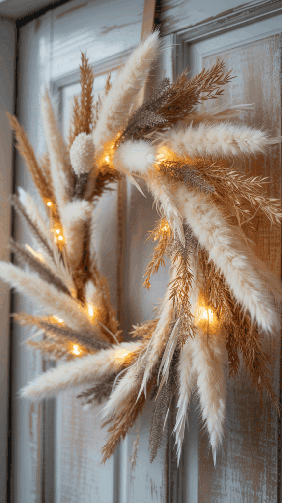 A decorative wreath made of beige and brown pampas grass adorned with small warm lights, hung on a wooden door.