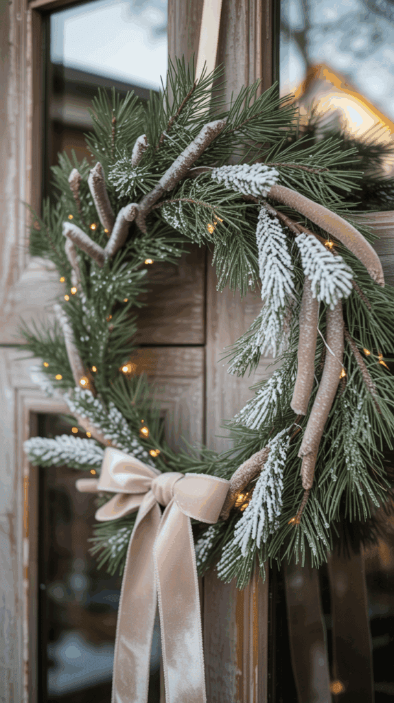 A decorative holiday wreath made of faux pine branches and dusted with fake snow, featuring white ribbon and small lights, hanging on a wooden door.