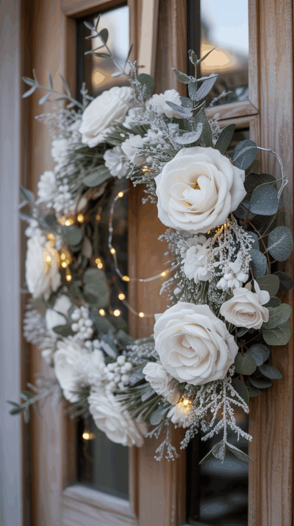 A decorative wreath adorned with white roses, green foliage, and delicate fairy lights, hanging on a wooden door.