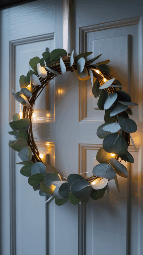 A decorative wreath made of eucalyptus leaves and intertwined with small string lights, hung on a paneled door.