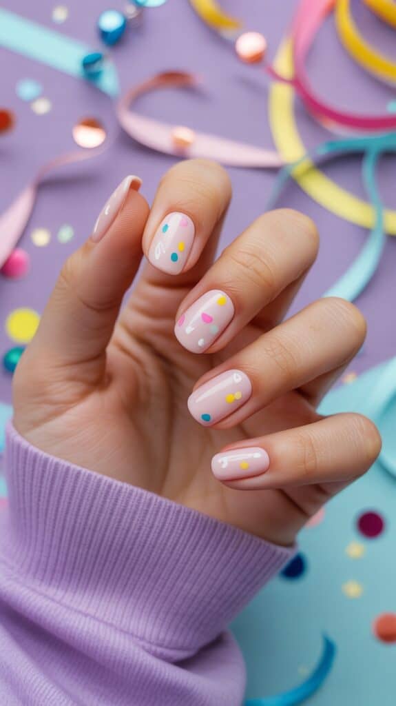 A close-up of a hand with short, manicured nails painted in pale pink with colorful dot accents. The person is wearing a light purple sleeve, and the background has a scattered arrangement of colorful paper confetti and ribbons.