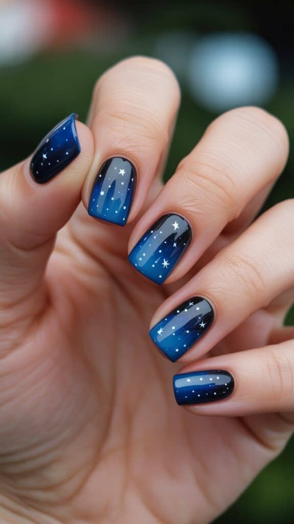 A hand with nails painted in a gradient from dark blue to light blue, featuring white stars and dots resembling a night sky design.