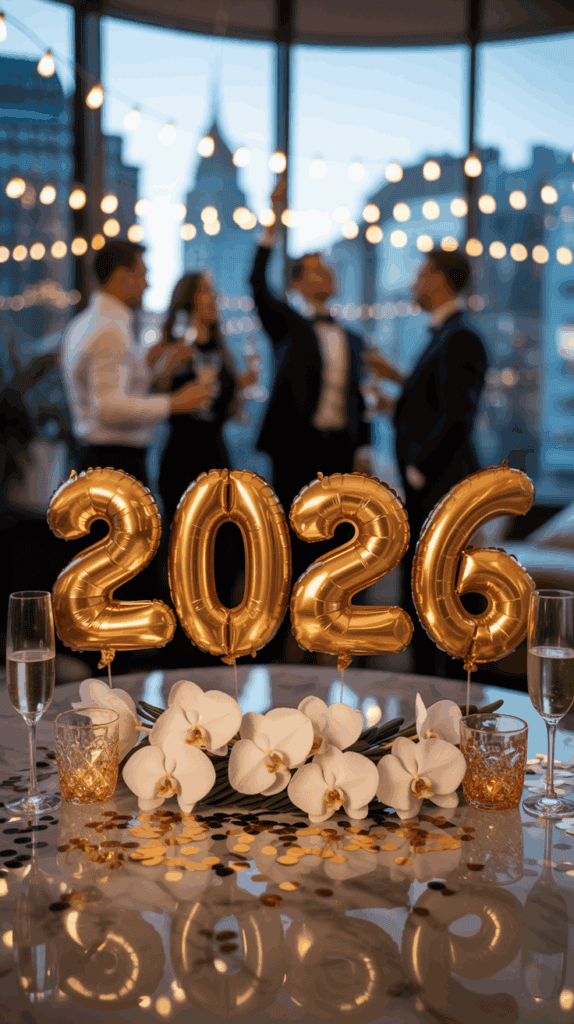 Gold balloons spelling out "2026" are displayed on a table with white orchids and gold confetti, while people in formal attire socialize in the blurred background.