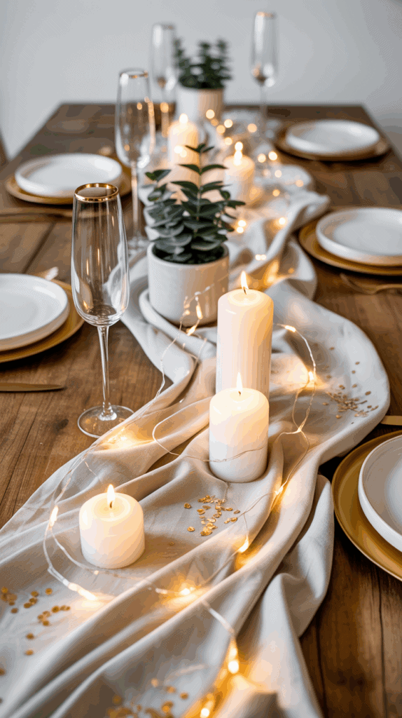 A beautifully set dining table with white candles, a beige runner, and twinkling string lights in the center, accompanied by neatly arranged plates, gold-rimmed champagne glasses, and small potted plants for decoration.