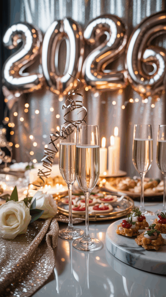 A festive celebration table set for New Year's, featuring "2026" metallic balloons in the background, sparkling lights, three champagne flutes with one adorned with a ribbon, white roses, and trays of assorted appetizers.