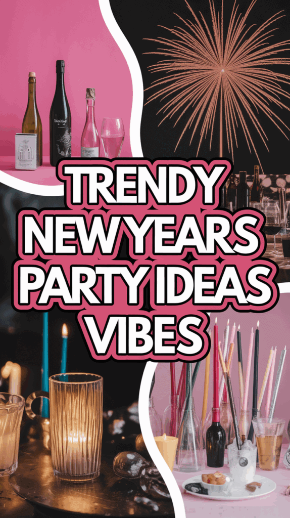A collage featuring New Year's party ideas with a pink and black theme, including bottles of wine and champagne, glasses, fireworks, candles of various colors, and a festive spread of snacks.