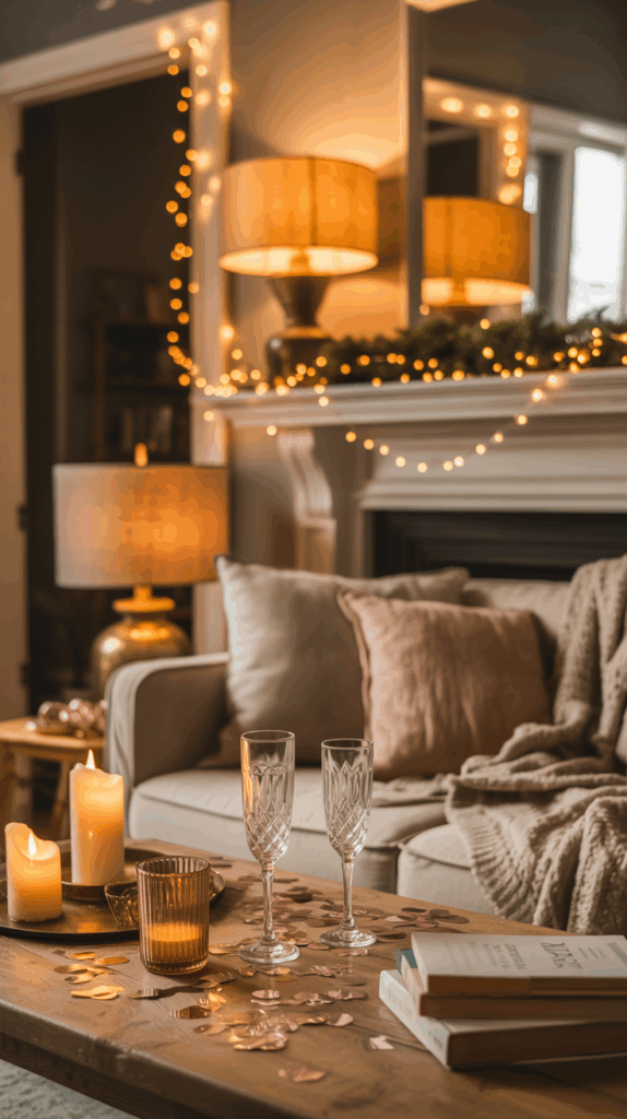 Cozy living room scene with warm ambient lighting, featuring a sofa with beige and pink cushions, lit candles and wine glasses on a wooden coffee table, and string lights decorating a fireplace mantel with greenery.