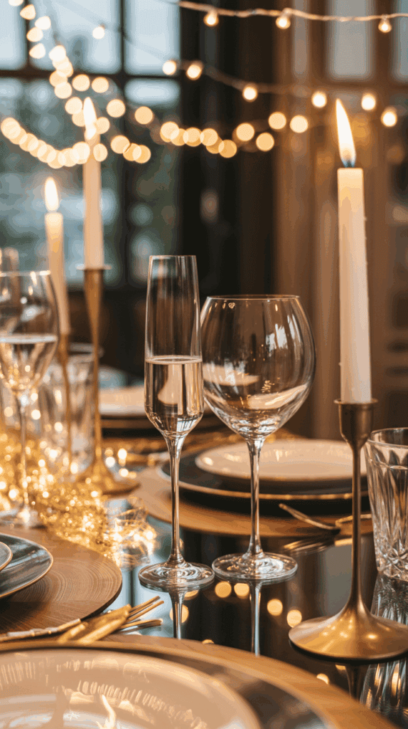 A beautifully set dining table with elegant china, gold cutlery, and an arrangement of champagne flutes and wine glasses. The tabletop is adorned with warm candlelight and delicate string lights, creating a cozy and sophisticated atmosphere.
