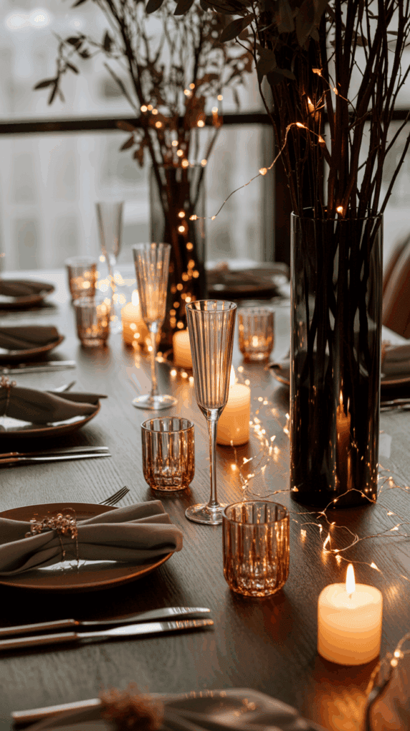 A beautifully set dinner table with sparkling fairy lights, glowing candles, elegant glassware, and plates with neatly folded napkins.