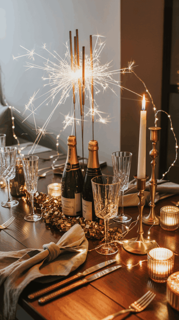 A festive dining table setting with sparklers, champagne bottles, crystal glasses, candles, and gold decorations arranged elegantly.