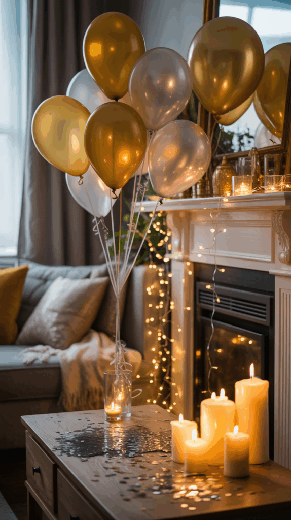 A cozy living room decorated for a celebration with gold and white balloons clustered in a jar on a coffee table. The table is adorned with glowing candles and scattered sequins. In the background, fairy lights are draped over a white fireplace, contributing to the warm and inviting ambiance.