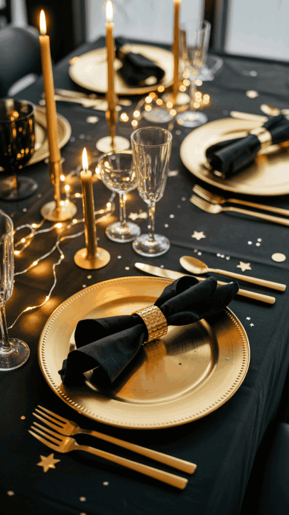 Elegant black and gold table setting with gold plates, black napkins with gold rings, gold cutlery, lit candles, and string lights creating a festive ambiance.