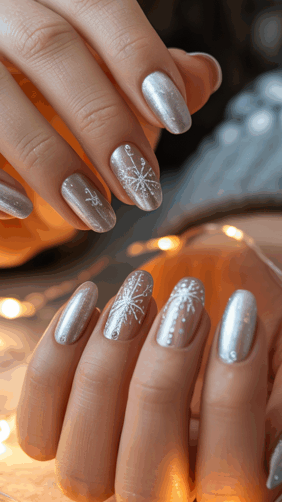 Hands with silver nail polish featuring white snowflake designs, surrounded by warm fairy lights.