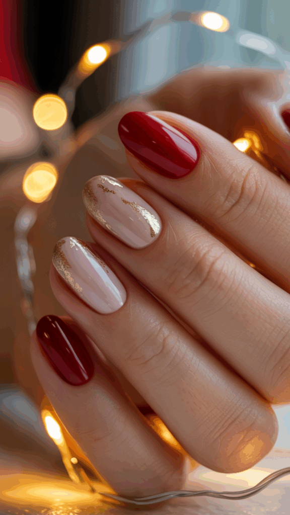 A hand with manicured nails, featuring a mix of deep red and nude polish with gold foil accents under soft, glowing string lights.