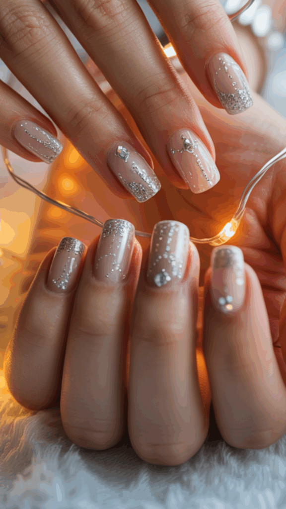 A close-up of hands with manicured nails featuring a pastel pink base color and glittery silver designs, holding a string of warm fairy lights on a soft, textured surface.