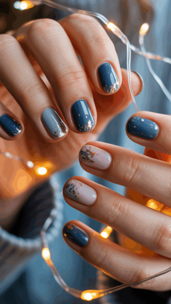 Close-up of hands with manicured nails painted in shades of blue and gray with gold glitter accents, holding small string lights.