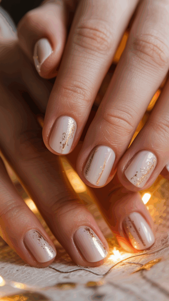 Close-up of hands with nails painted in a light neutral color, featuring gold accents and delicate designs, against a softly lit background.