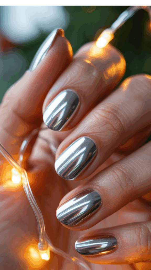 A hand with silver chrome nails holds a string of warm, glowing fairy lights.