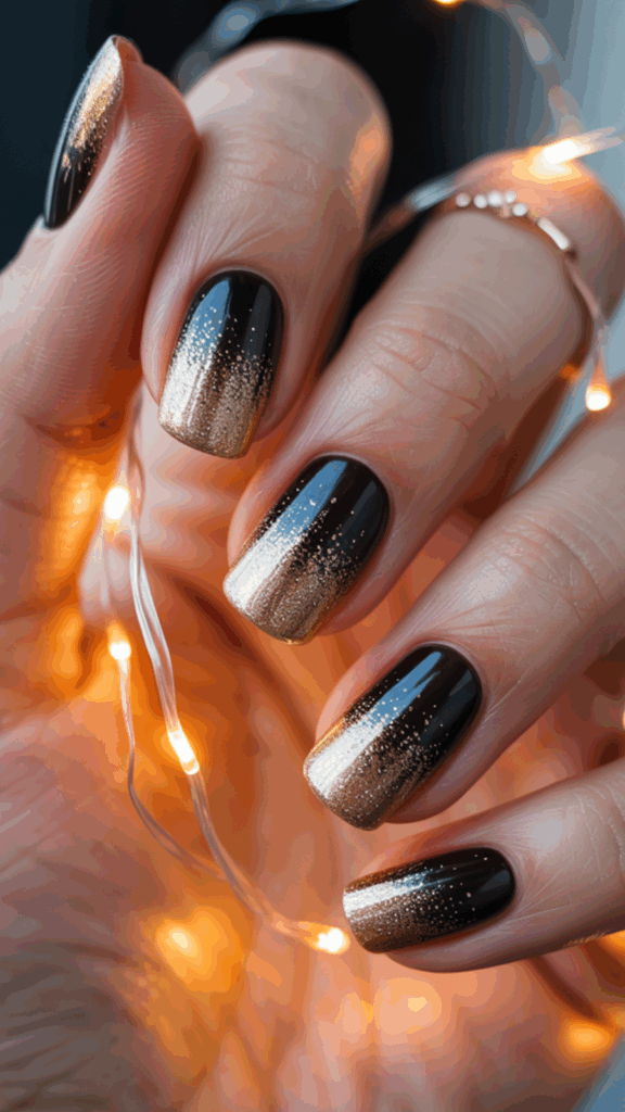 A hand with manicured nails painted in a black and gold ombre design, holding a string of small, warm white fairy lights.