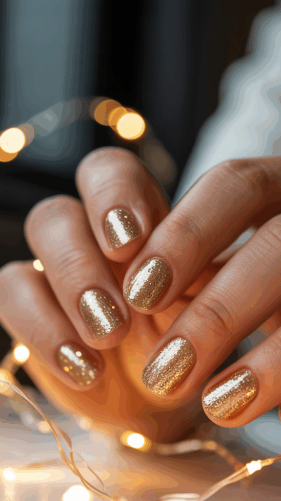 Close-up of hands with short nails painted in shiny golden glitter polish, surrounded by blurred warm lights in the background.