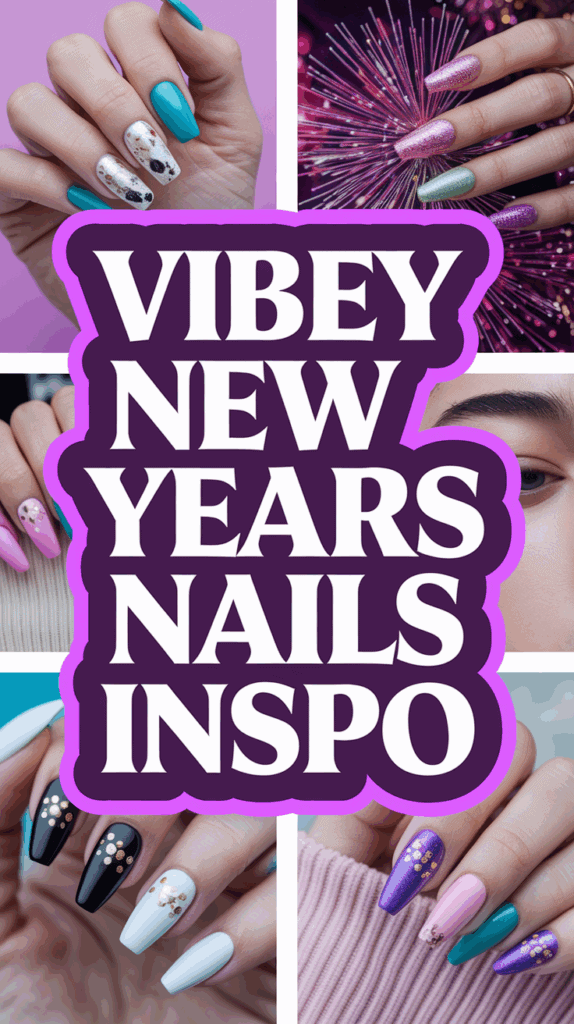 A collage of various nail art designs featuring vibrant colors and patterns, with the central text reading 'Vibey New Year's Nails Inspo' in bold white letters on a purple background.