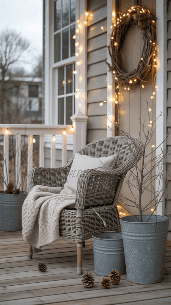 A cozy porch scene featuring a wicker chair with a knitted blanket and pillow, flanked by two metal buckets with bare branches. The porch is adorned with string lights and a rustic wreath on the wall, with pine cones scattered on the wooden floor.