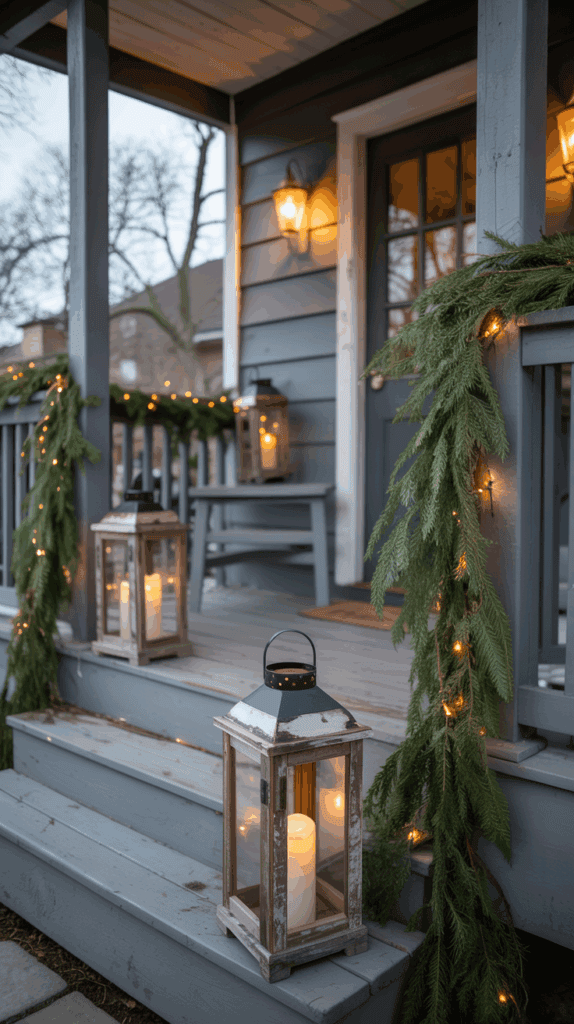 A cozy front porch decorated with lanterns holding lit candles and garland adorned with string lights. The house is painted dark blue with white trim, and the lanterns and garland are placed on the steps and railing.