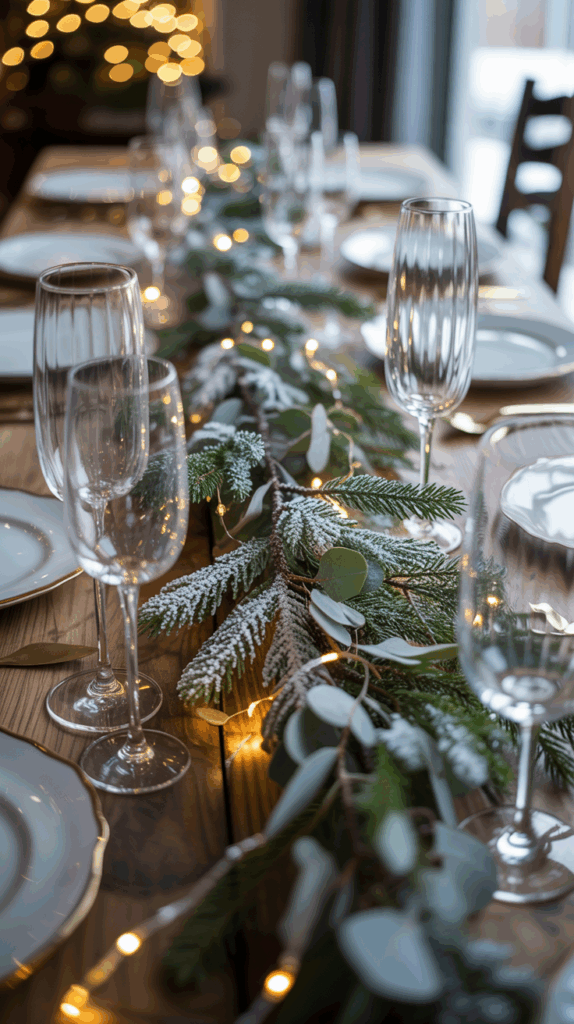 A festive dining table with elegant settings, featuring plates with gold trim, champagne flutes, and a centerpiece of frosted pine branches and eucalyptus garnished with warm white fairy lights.