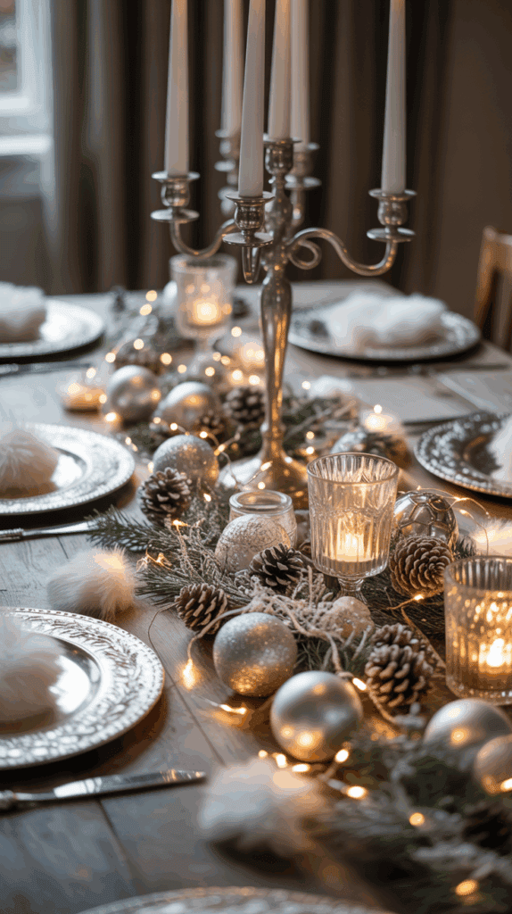 A Christmas-themed dining table centerpiece featuring a silver candelabra with lit white candles, surrounded by decorative pinecones, silver ornaments, greenery, and string lights. Crystal candle holders emit a warm glow, complementing the elegant place settings with silver plates.