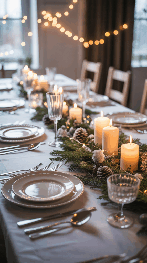 A decorated dining table set for a holiday meal, featuring white plates, silver cutlery, and crystal glasses. The centerpiece consists of evergreen branches, pine cones, and lit white candles, with string lights softly glowing in the background.