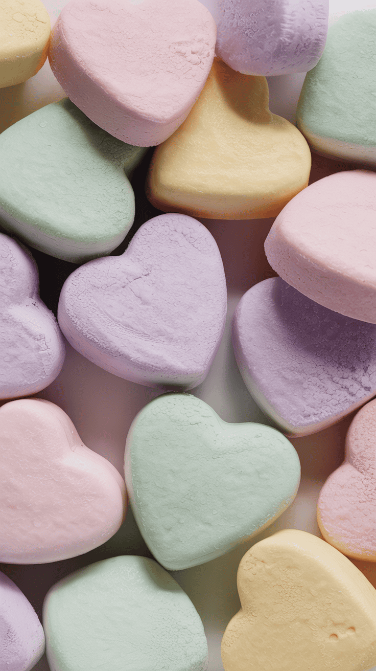 An assortment of pastel-colored heart-shaped marshmallows in shades of pink, green, yellow, and purple, arranged closely together.
