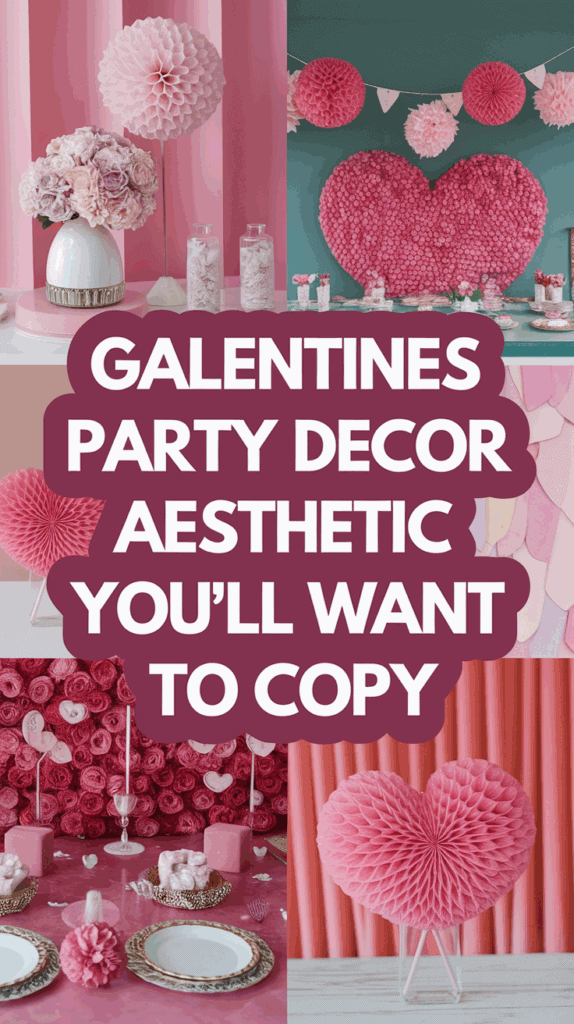 A collection of images showcasing Galentine's party decor with pink and red accents, including heart-shaped decorations, floral arrangements, and festive table settings, accompanied by the text 'Galentines Party Decor Aesthetic You'll Want to Copy.'