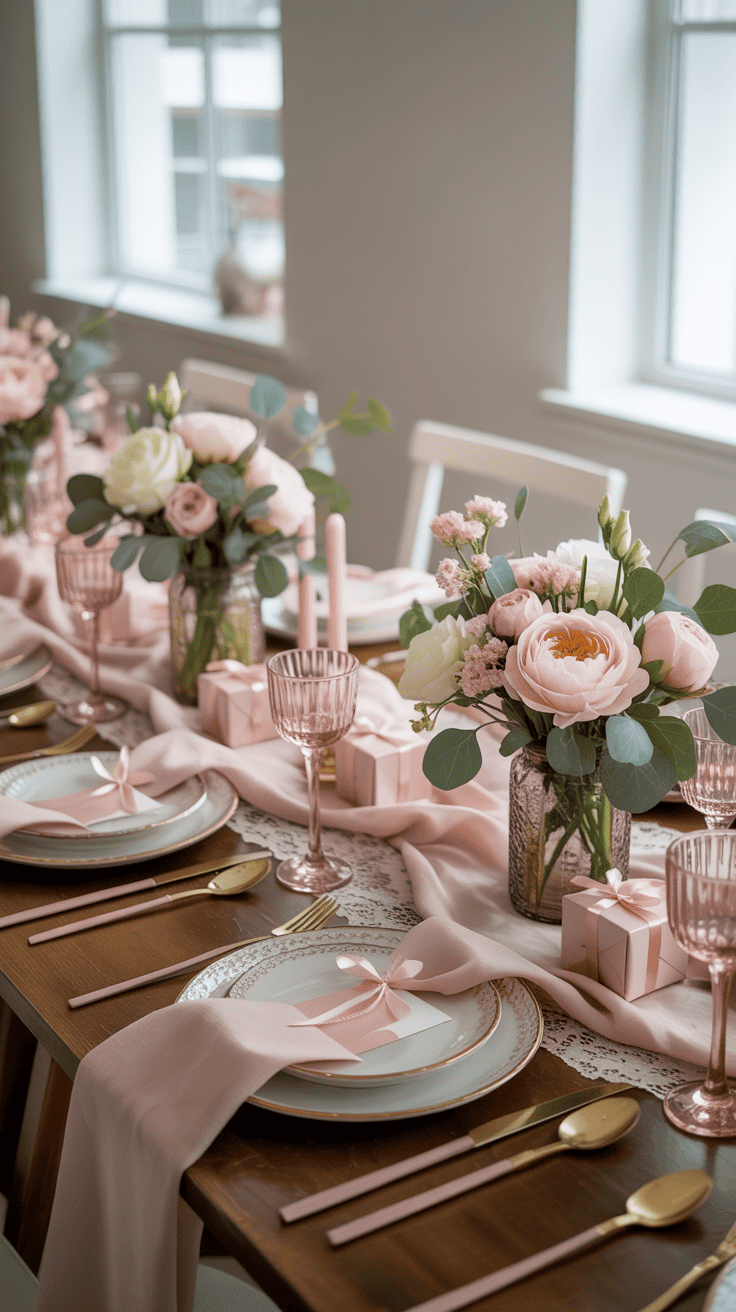 Elegant table setting with pink and gold accents, featuring floral arrangements of pink and white flowers, pink glassware, and neatly arranged plates with pink napkins and cutlery, set on a wooden table draped with pink fabric.