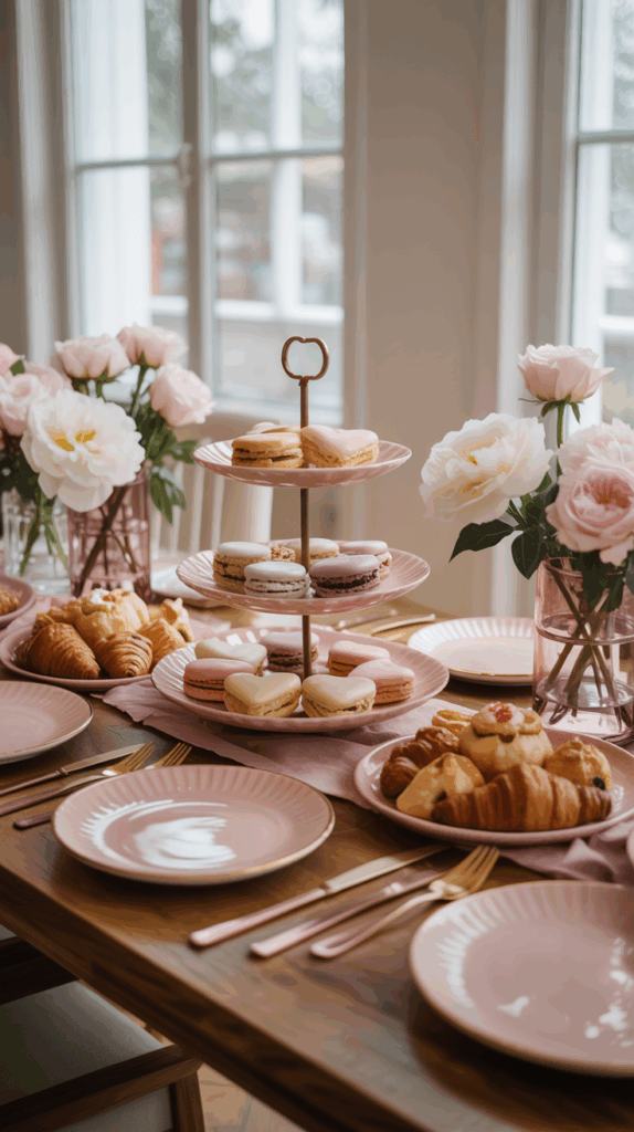 A wooden table set for afternoon tea with pink plates and gold cutlery, featuring a tiered stand of pastel-colored macarons and heart-shaped cookies in the center, surrounded by bouquets of pink and white roses and trays of pastries.