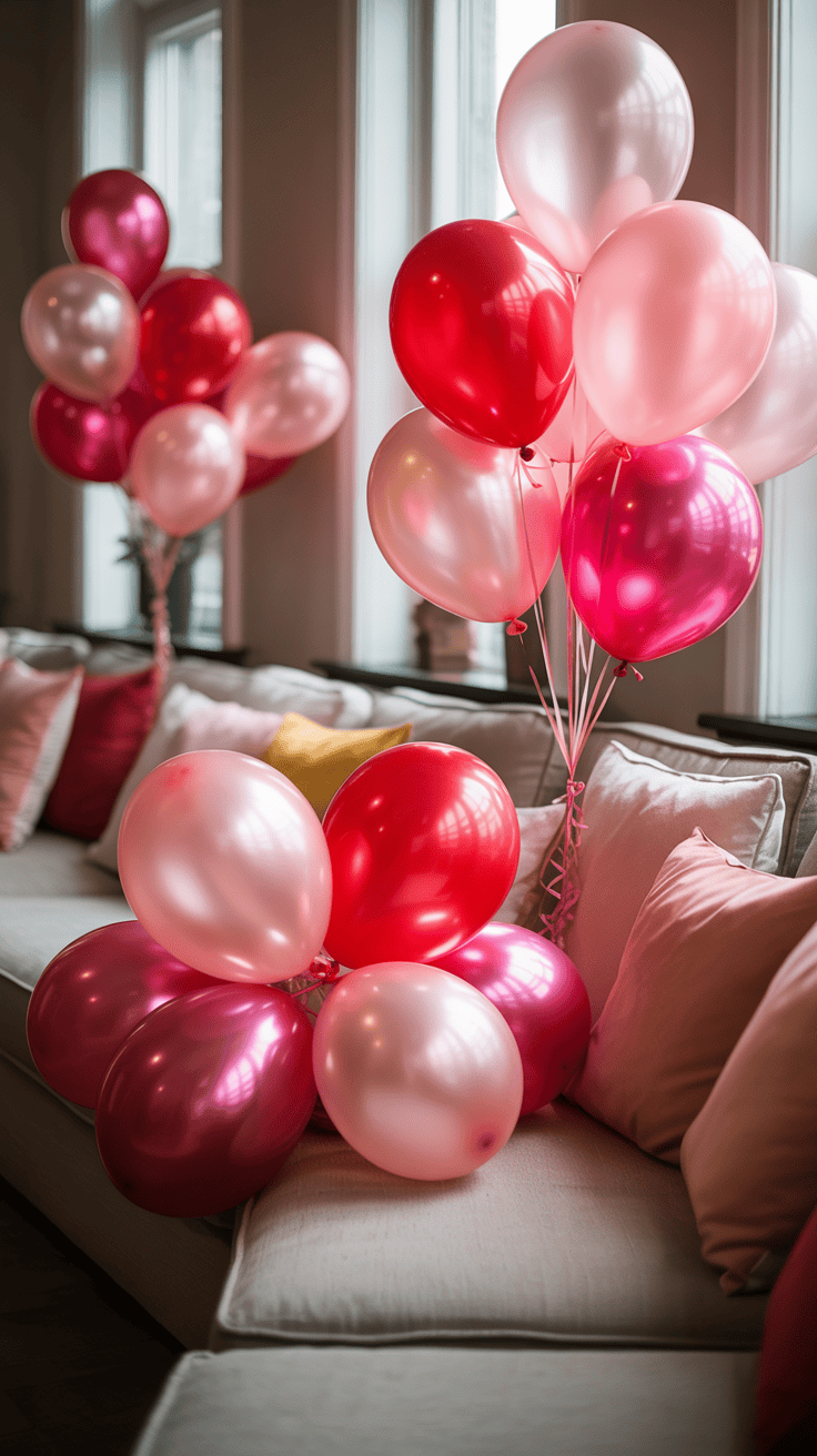 A collection of pink and red balloons tied together and placed on a beige sofa, with colorful cushions in a sunlit room.