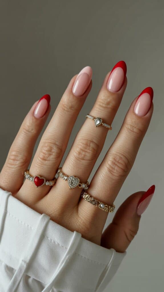 A hand with pink and red French tip manicure, wearing several gold rings featuring heart-shaped designs.