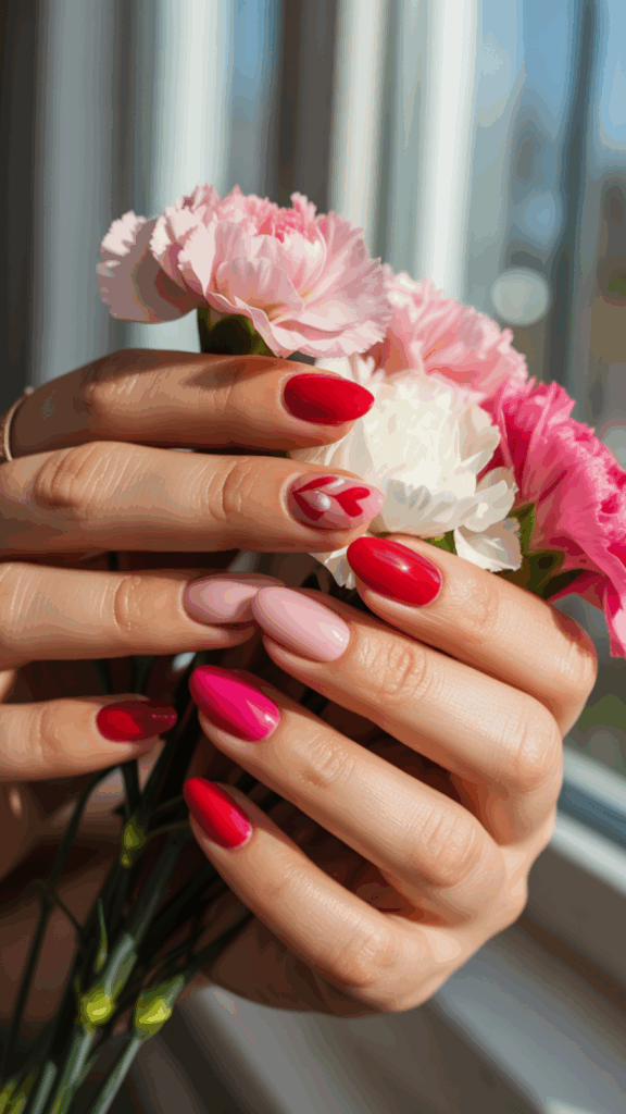 Close-up of hands with manicured nails in shades of red and pink, some adorned with heart designs, holding pink and white carnations.