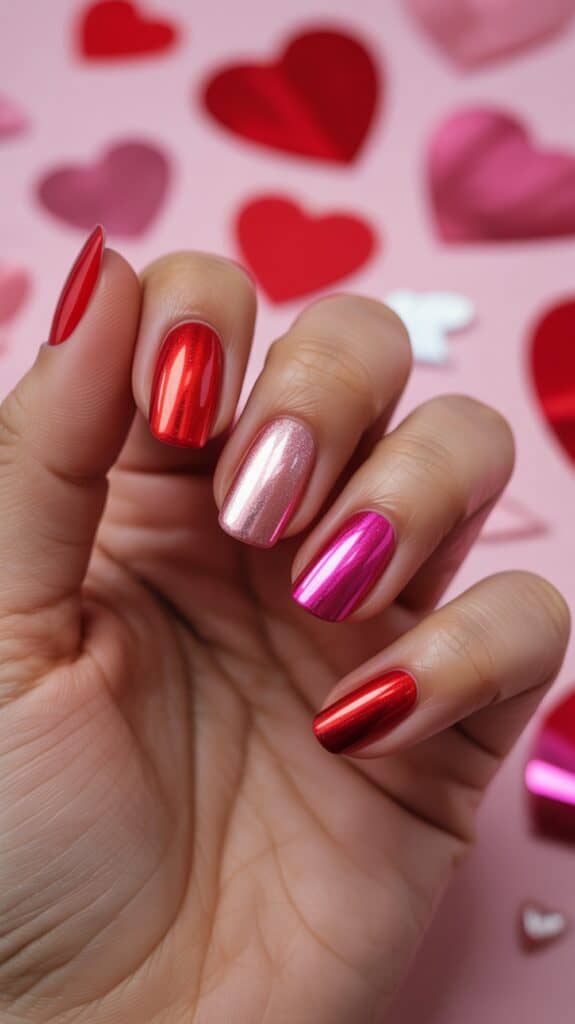 A hand with manicured nails painted in glossy shades of red, pink, and metallic pink in a Valentine's Day-themed setting with red and pink heart decorations in the background.