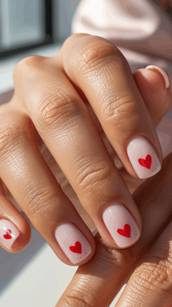 Close-up of a hand with manicured nails painted in light pink and adorned with small red heart designs on each nail.