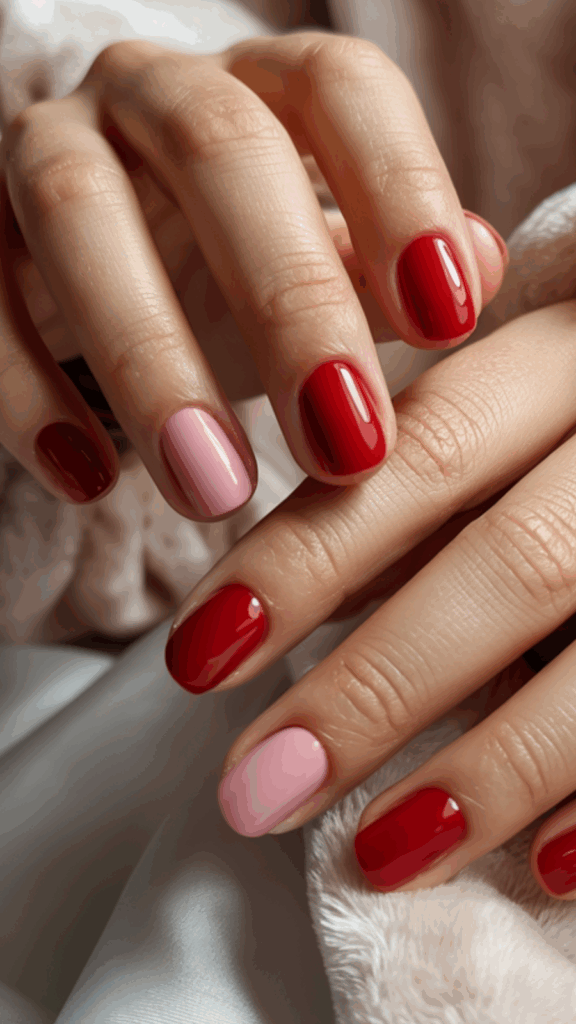 Close-up of a hand with manicured nails, featuring alternating red and pink nail polish, resting on a soft, pale fabric.