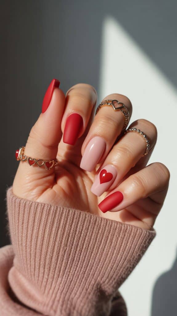 A hand with matte red and nude nails featuring heart designs, adorned with gold and silver rings, against a background of a pink sweater sleeve.